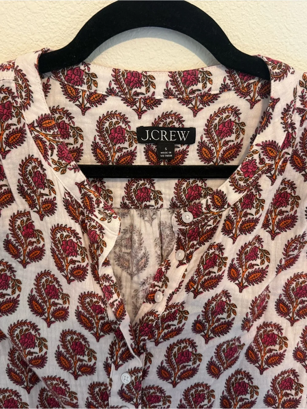 J.Crew Sleeveless Cotton Blouse in White with Burgundy Print, Cora Top